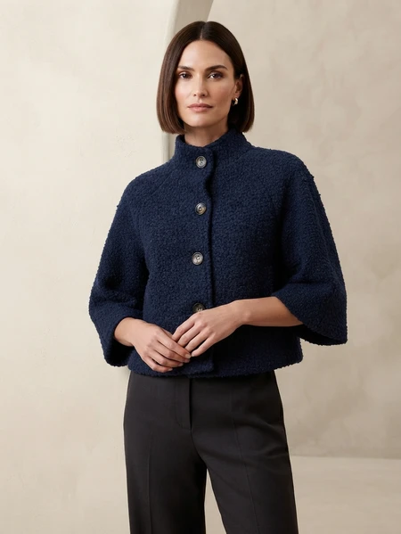 Navy Textured Cropped Jacket and Black Trousers Navy Textured Cropped Jacket and Black Trousers — Winter Outfits for Women Over 70