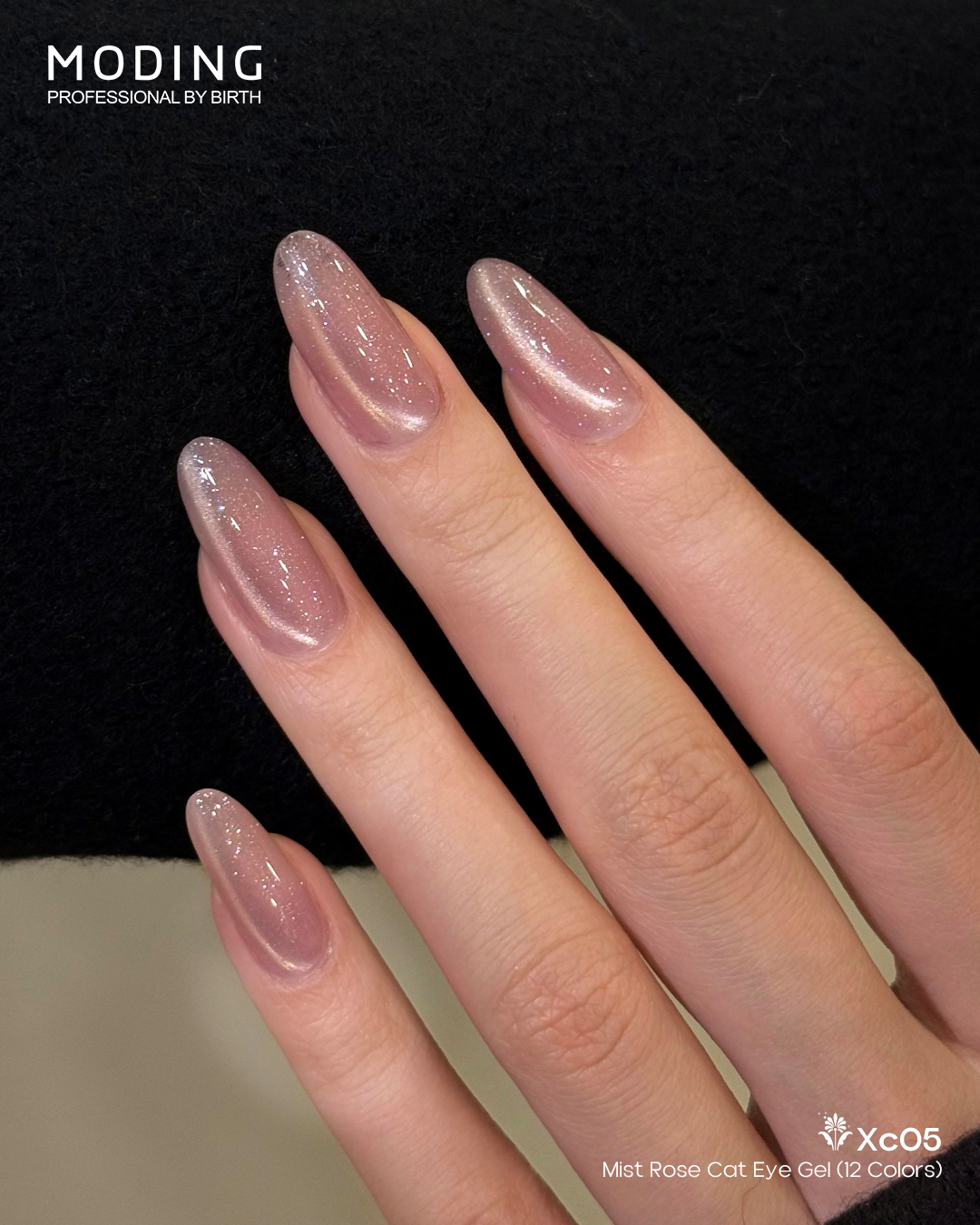 Sheer Pink Rose with Light Grey Cat Eye — Medium Length Winter Nails