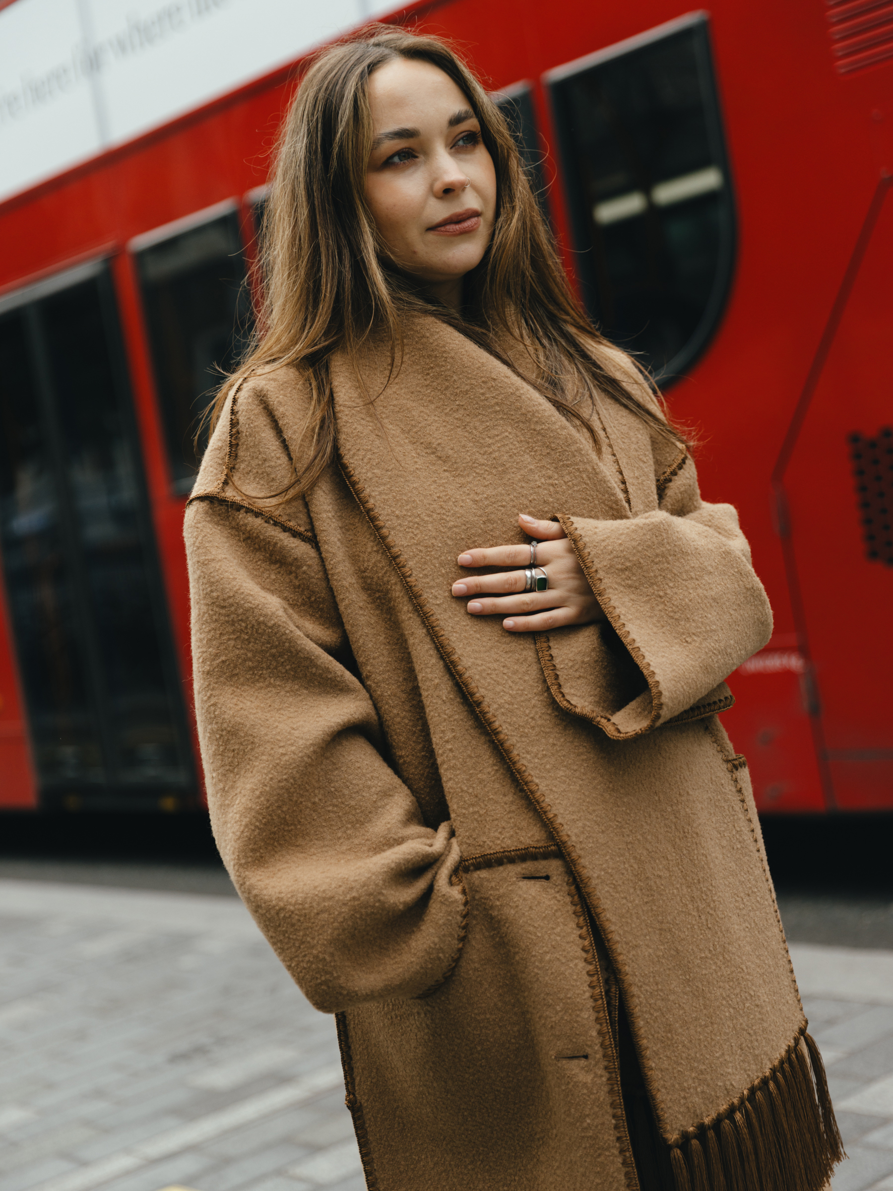 Textured Camel Coat with Fringed Edges — Camel Coat Outfits