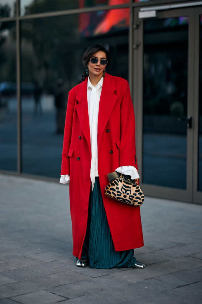 Vibrant Red Coat with Teal Maxi Skirt for a Bold Party Look Vibrant Red Coat with Teal Maxi Skirt for a Bold Party Look — Winter Party Outfits