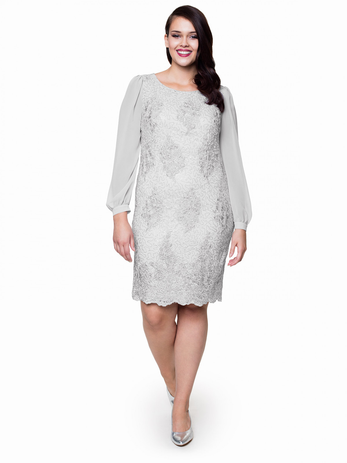 Silver Lace Dress with Sheer Long Sleeves — Winter Outfits for Plus Size Women