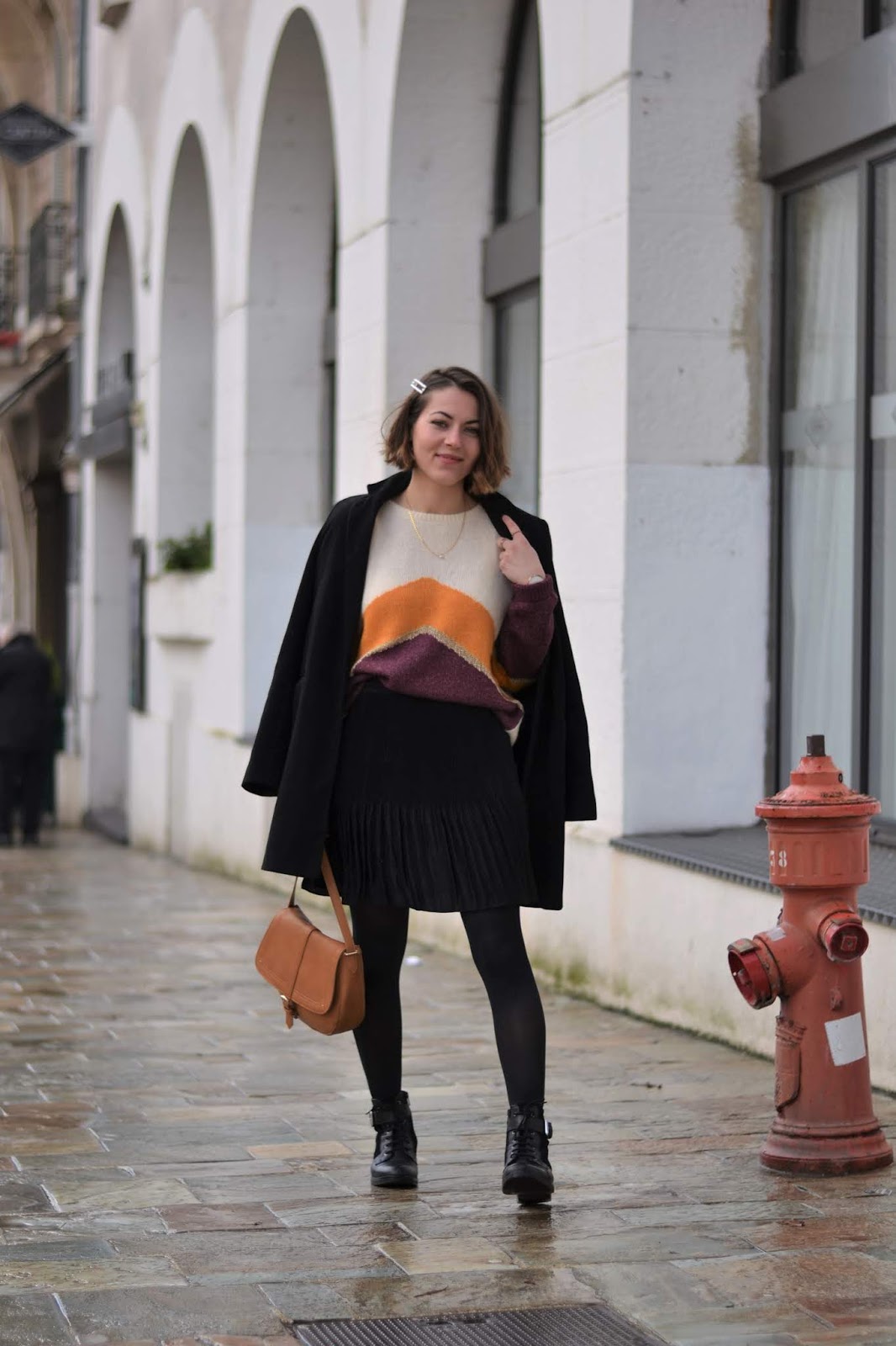 Striped Knit Sweater with a Draped Coat Striped Knit Sweater with a Draped Coat — Colorful Winter Outfits