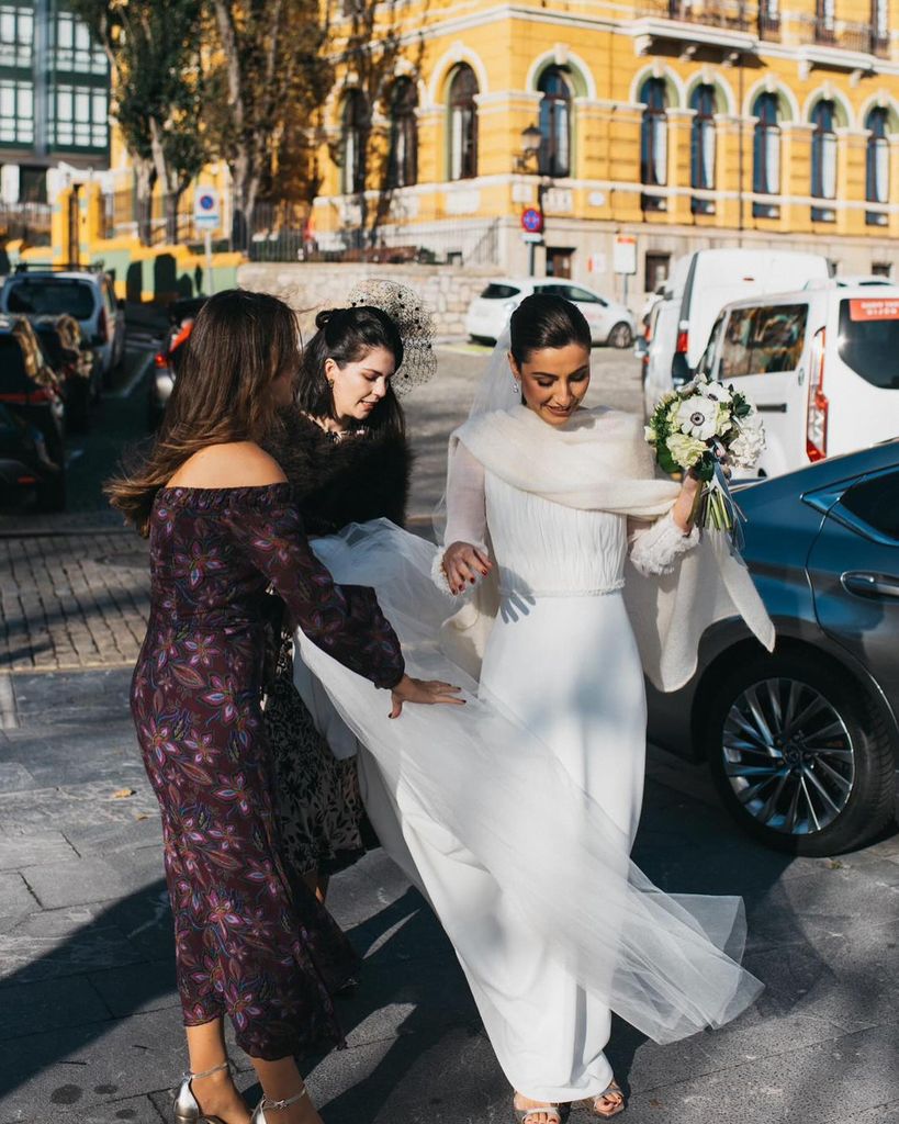 White Lace Wedding Dress with Sheer Shawl — Winter Dress Outfits