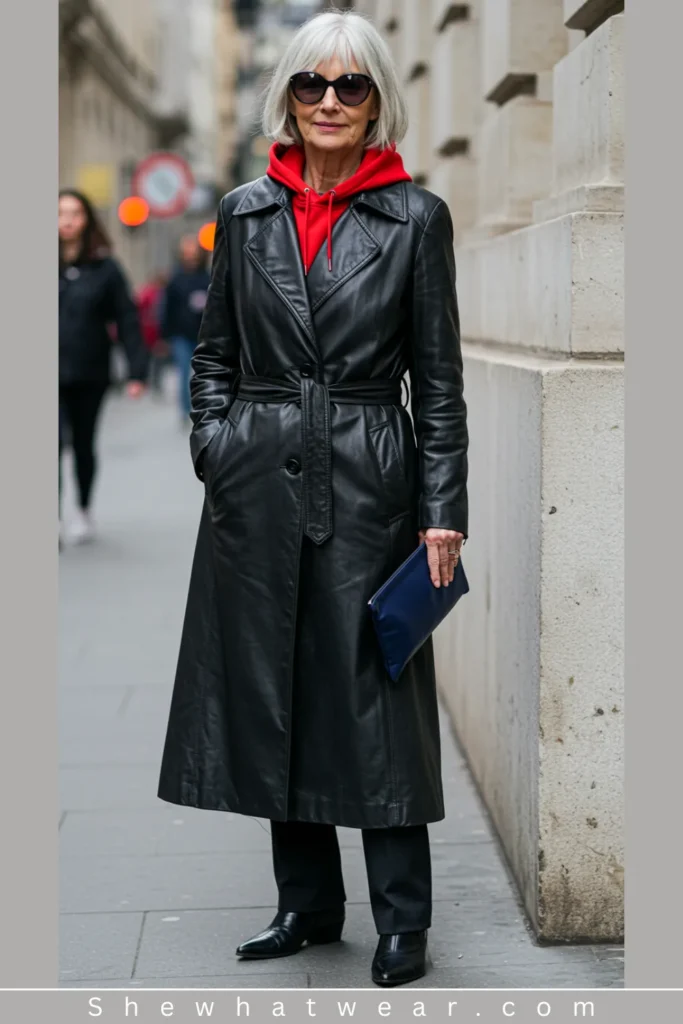 Bold Red Hoodie Under Black Leather Trench Bold Red Hoodie Under Black Leather Trench — Hoodie Outfits