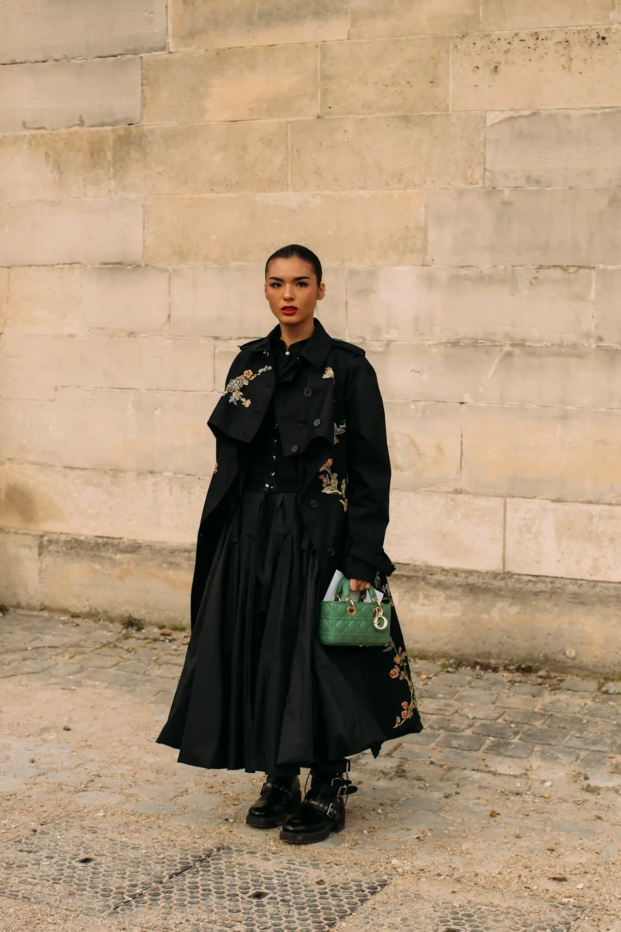 Embroidered Trench Coat over Skirt and Combat Boots Embroidered Trench Coat over Skirt and Combat Boots — Combat Boots Outfits