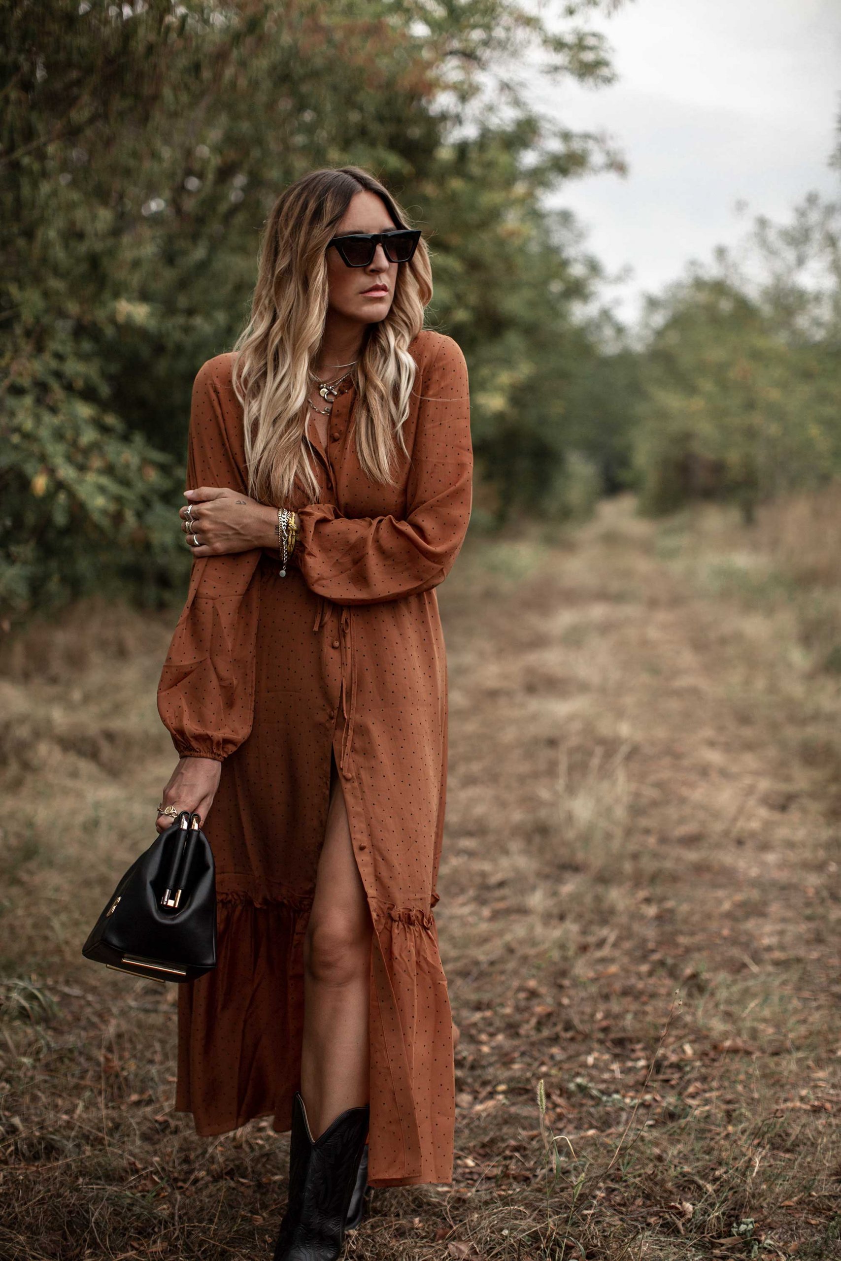 Polka Dot Maxi Dress with Cowboy Boots for a Chic Look — Western Winter Outfits