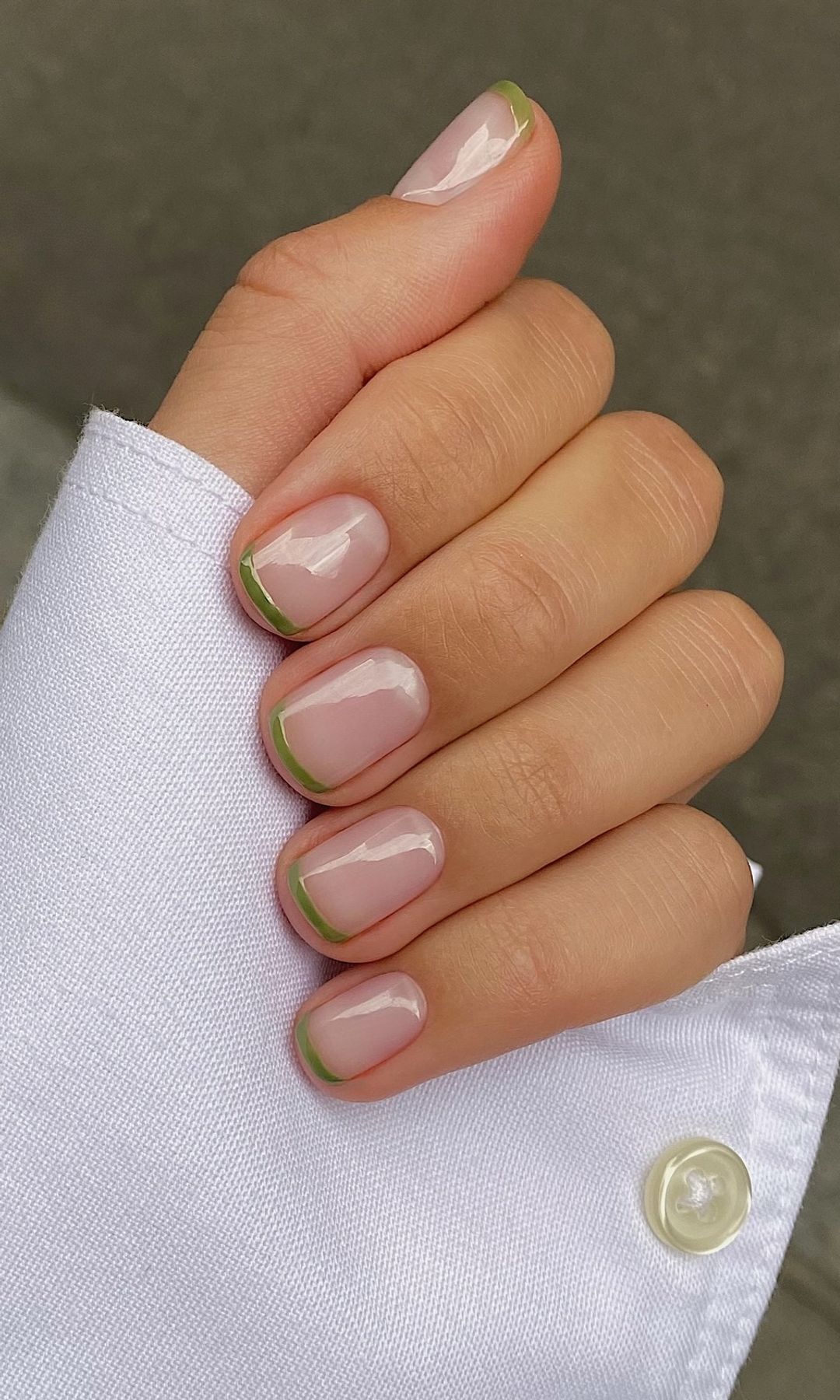 Short Round Olive Green French Tips — Winter French Tip Nails