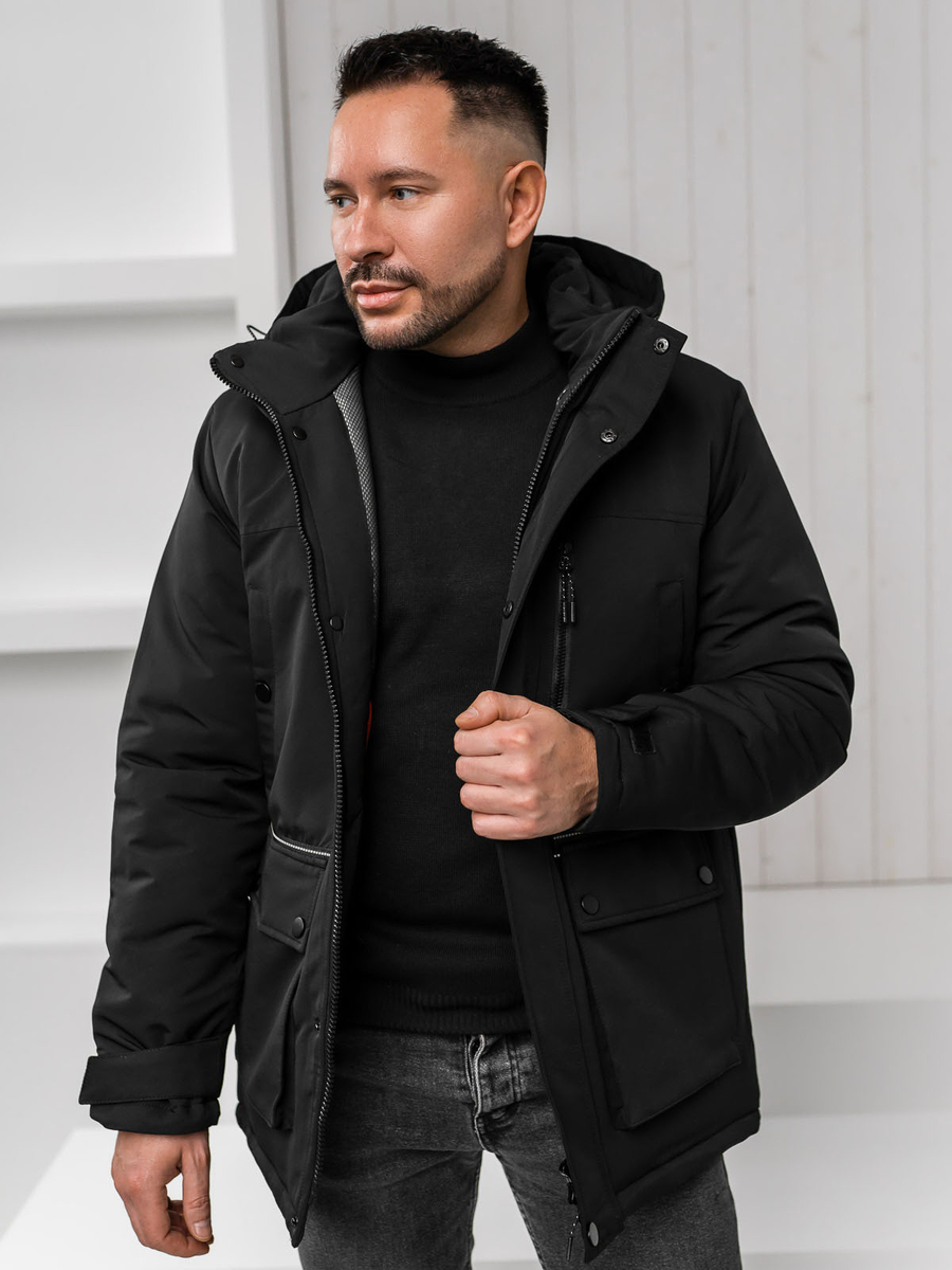 Practical Warmth: Black Parka with Hood — Winter Outfits for Men