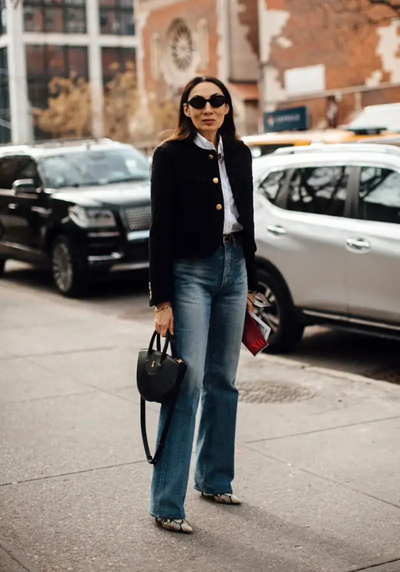 Cropped Jacket Over Collared Shirt with Flared Jeans — Winter Layering Outfits