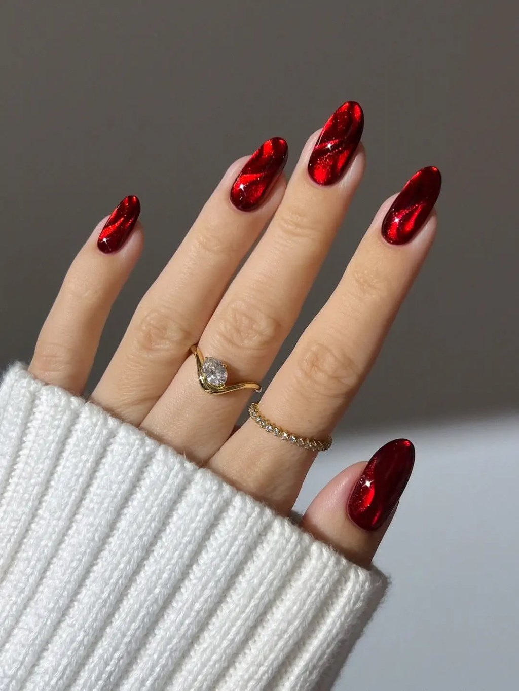 Vibrant Deep Red Cat Eye with Glitter — Winter Cat Eye Nails
