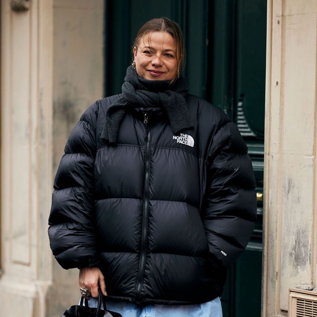 Cold Weather Comfort: Oversized Puffer Jacket with Knit Scarf — December Outfits