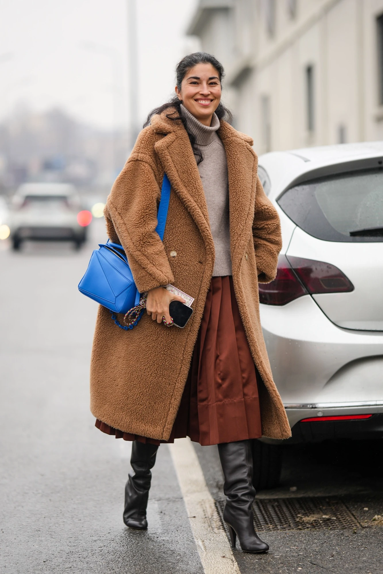 Longline Teddy Coat with Beige, Rust, and Blue Accents — Teddy Coat Outfits