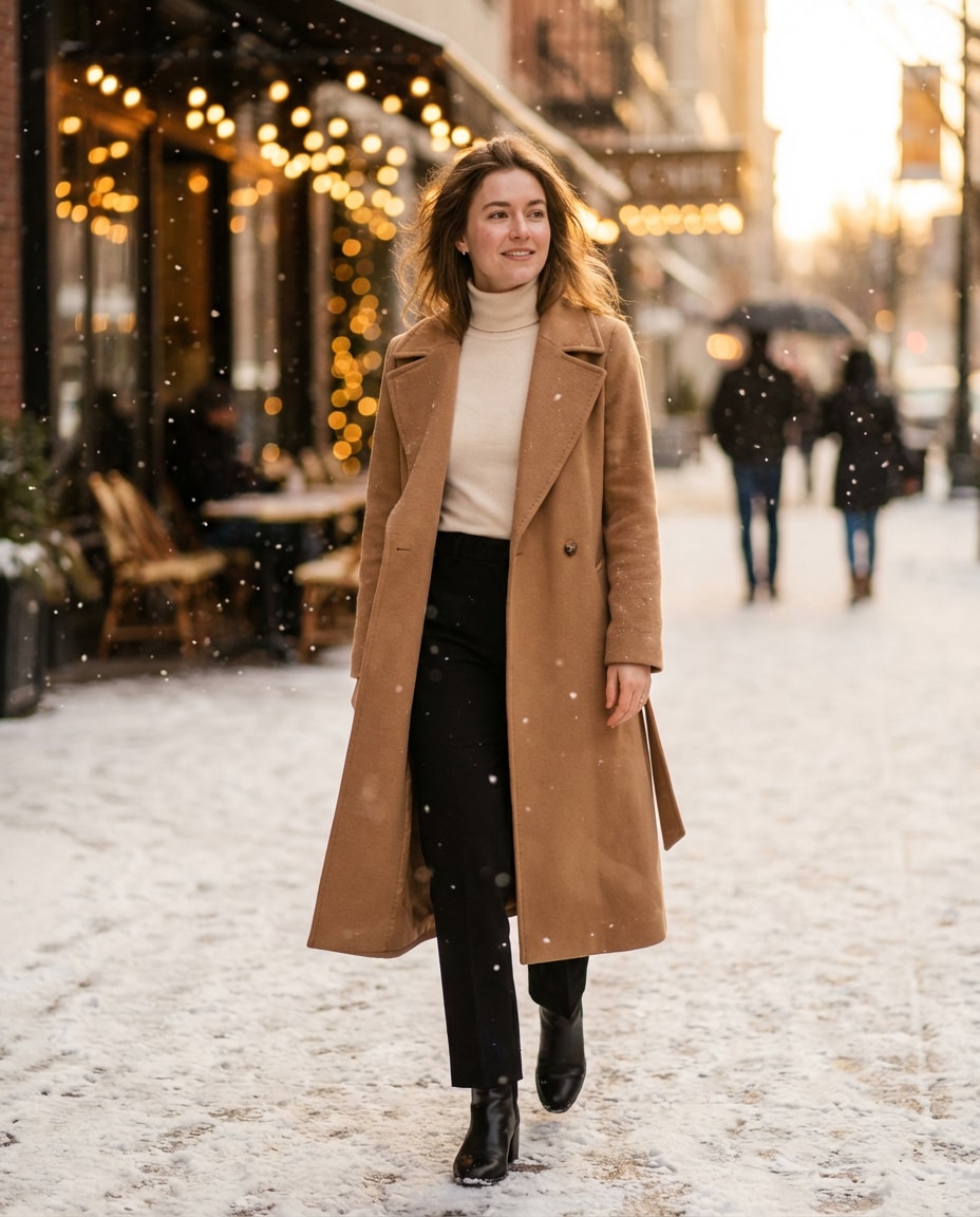 Double-Breasted Camel Coat and Cream Turtleneck Double-Breasted Camel Coat and Cream Turtleneck — Winter Outfits for Petite Women
