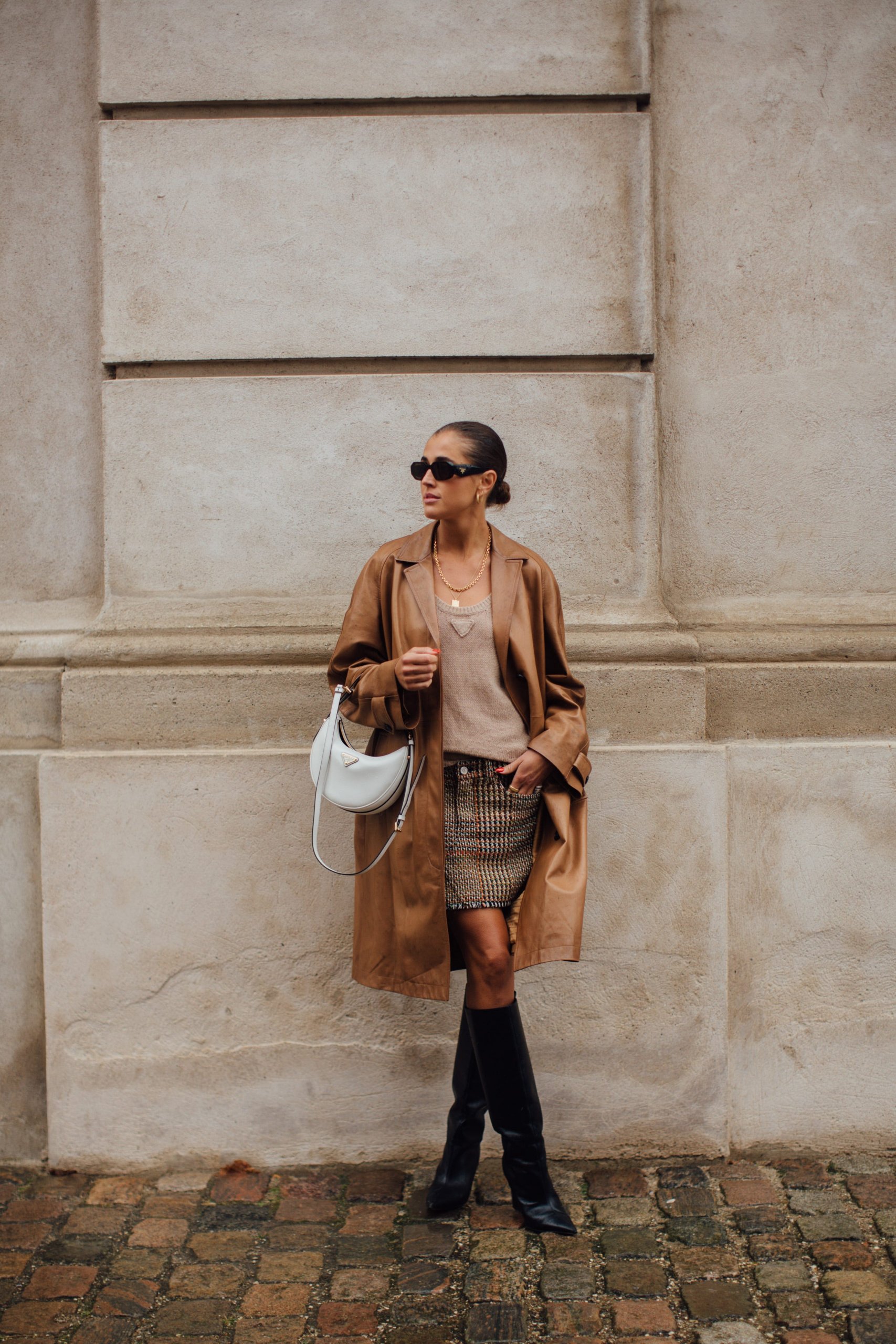 Leather Trench Coat with Tweed Skirt for an Evening Out Leather Trench Coat with Tweed Skirt for an Evening Out — Winter Party Outfits