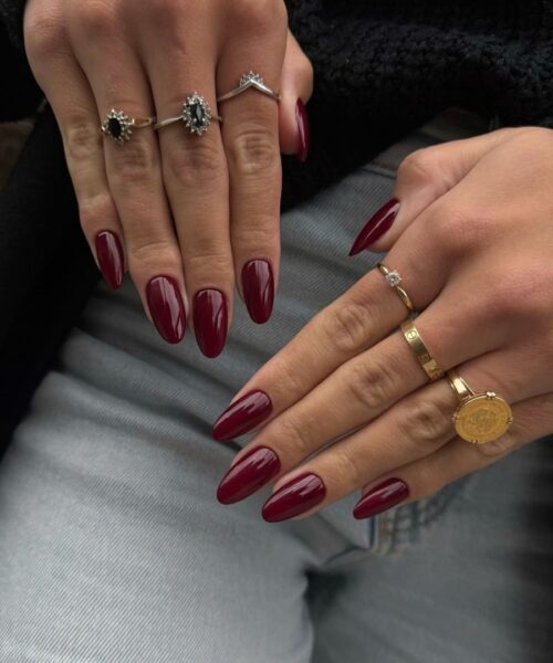 Deep Muted Red High-Gloss Medium Almond — Winter Red Nails