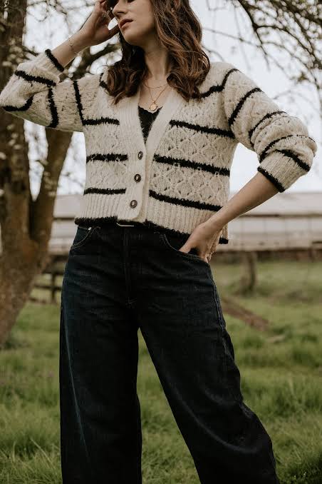 Striped Knit Cardigan with Dark Wash Wide Leg Jeans Striped Knit Cardigan with Dark Wash Wide Leg Jeans — Cardigan Outfits