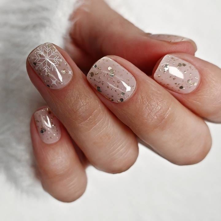 Sheer Pink Glitter Snowflakes — Winter Nails