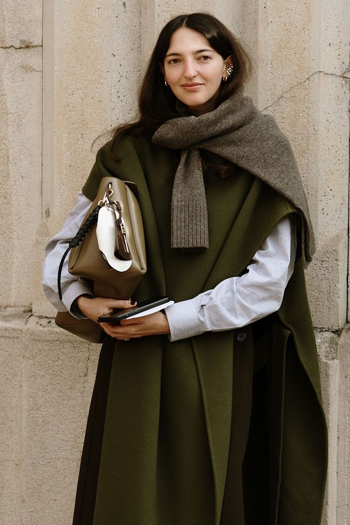 Olive Green Cape with Striped Shirt and Knit Scarf — Minimalist Winter Outfits