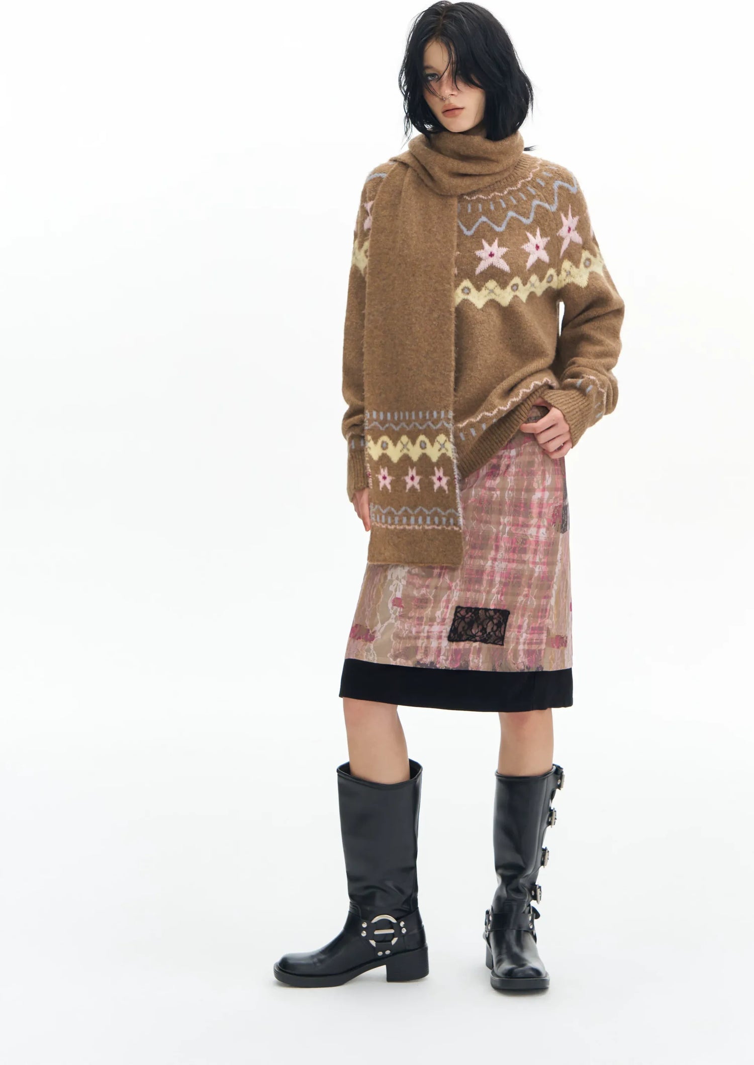Brown Fair Isle Sweater with Pink Skirt and Matching Scarf Brown Fair Isle Sweater with Pink Skirt and Matching Scarf — Fair Isle Sweater Outfits