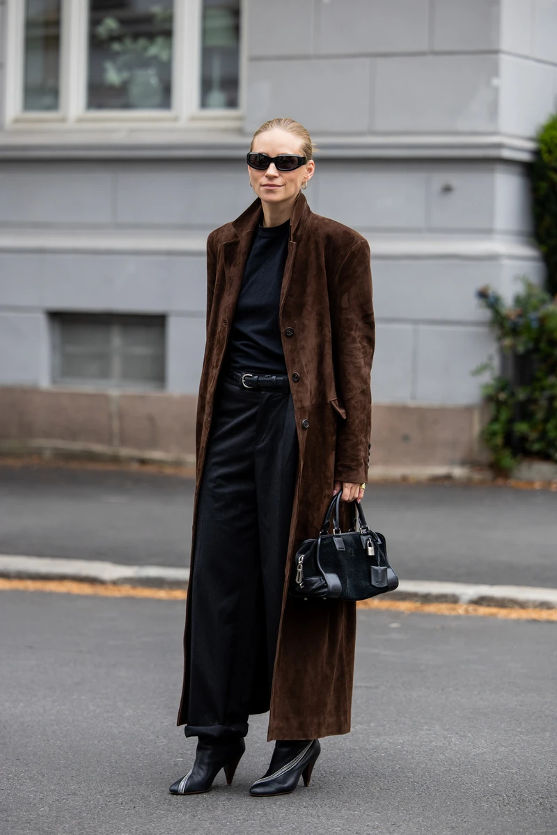 Brown Suede Long Coat with Wide-Leg Trousers — Long Coat Outfits