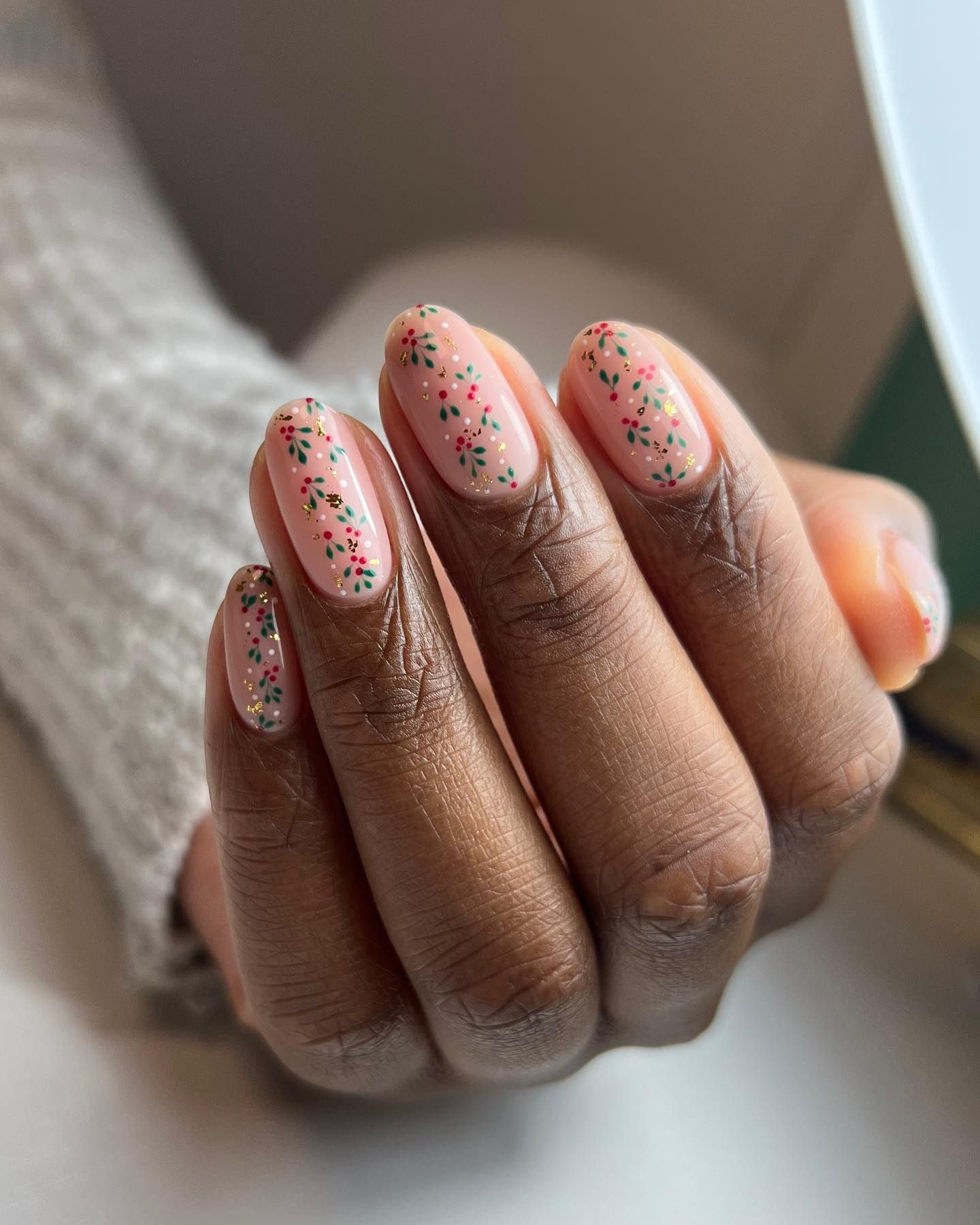 Pale Pink with Scattered Floral Accents — Medium Length Winter Nails
