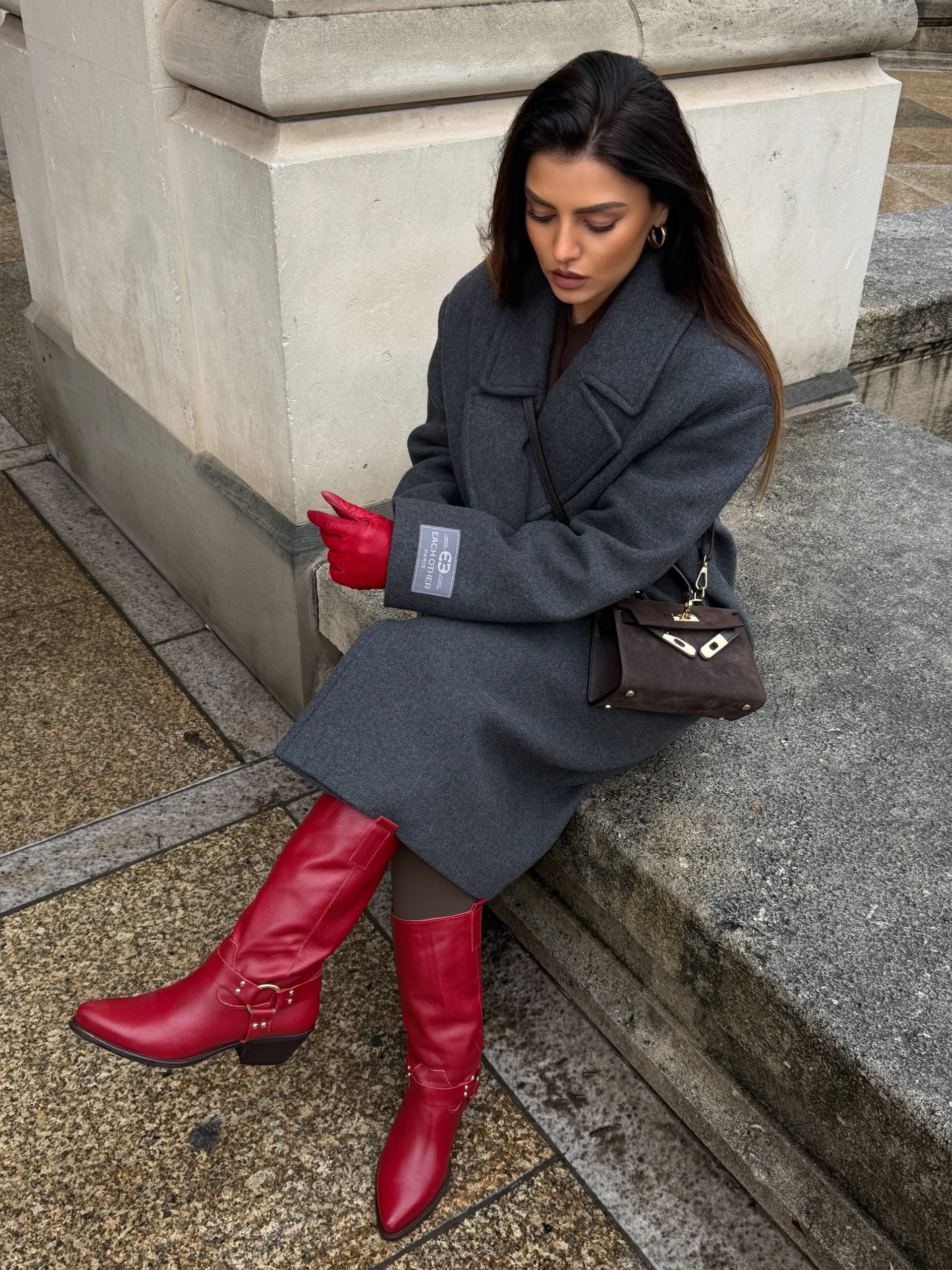 Red Knee-High Boots with Wool Coat and Knit Top — Winter Boots Outfits