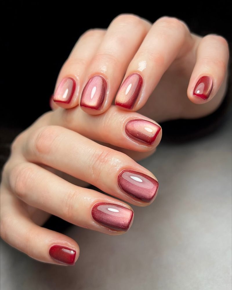 Red With Pink Undertones Cat-Eye Effect Visual Idea — Short Winter Square Nails