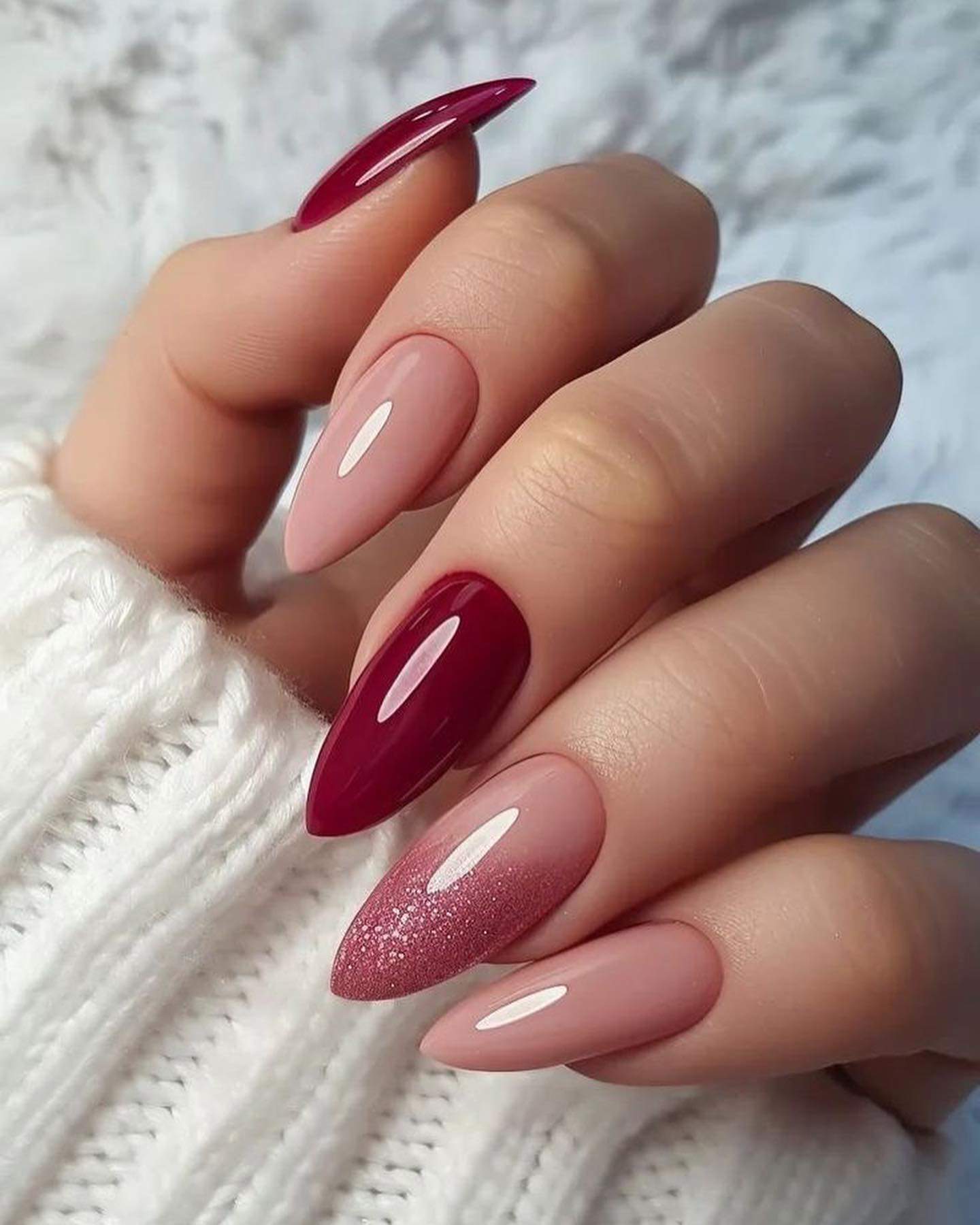 Deep Red and Glitter Ombre Almonds Deep Red and Glitter Ombre Almonds — Winter Nail Art