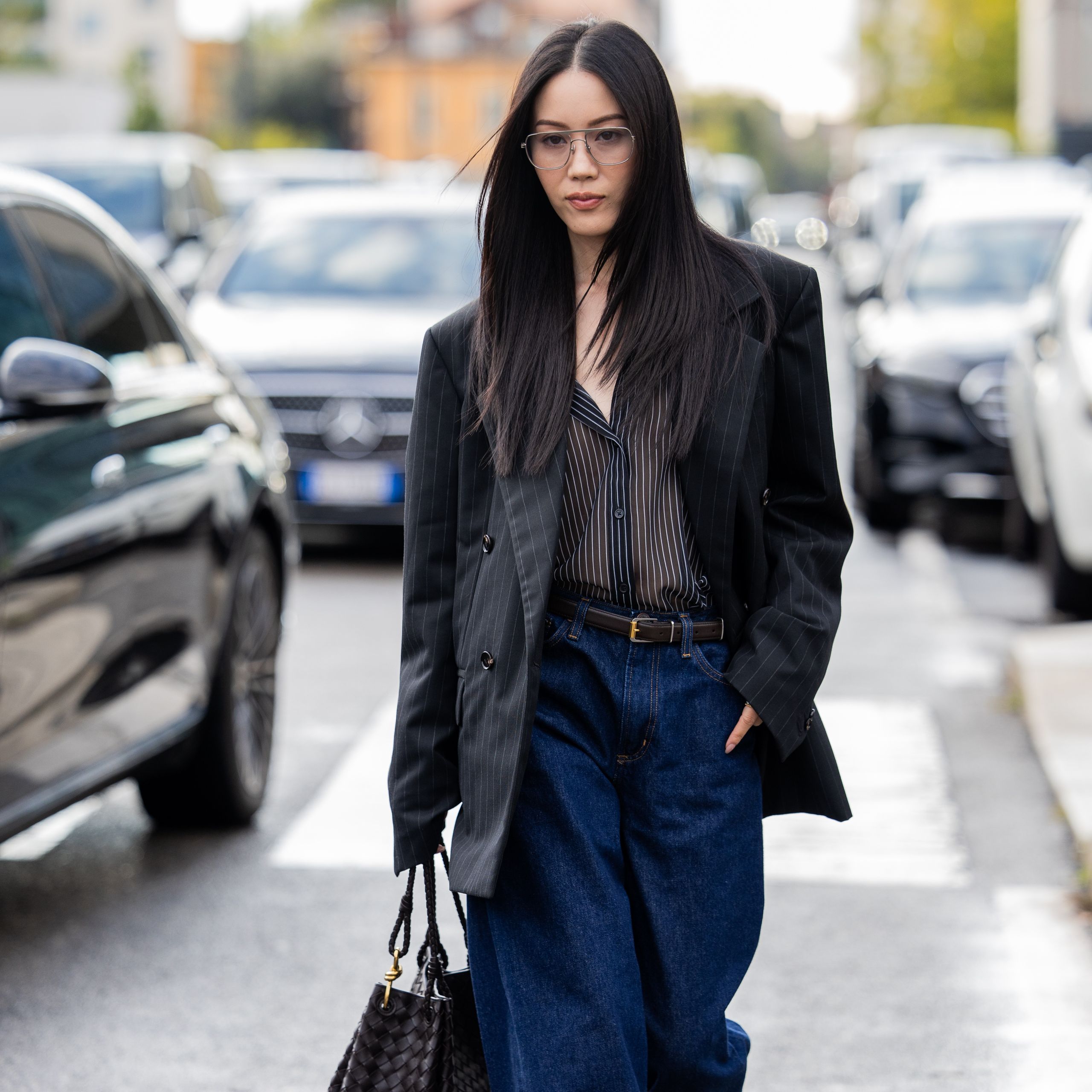 Pinstripe Blazer Elevates Dark Wash Wide Leg Jeans Pinstripe Blazer Elevates Dark Wash Wide Leg Jeans — Winter Outfits with Wide Leg Jeans