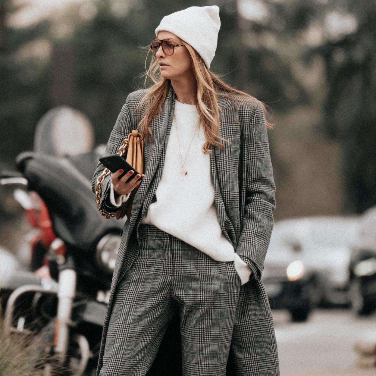 Oversized Plaid Coat Over Crewneck Sweater and Trousers — Winter Layering Outfits