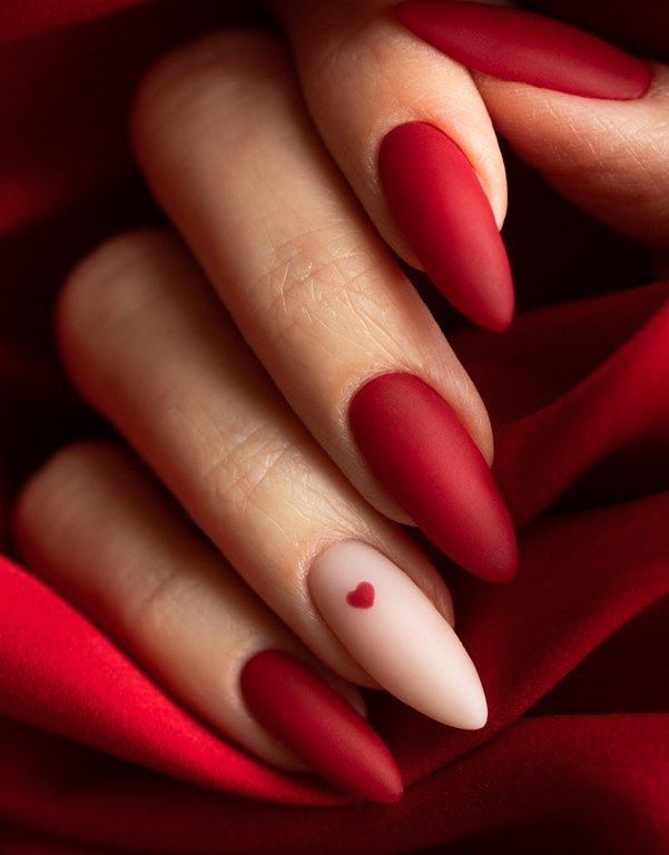 Deep Matte Red with Pale Pink Heart Accent — Winter Red Nails