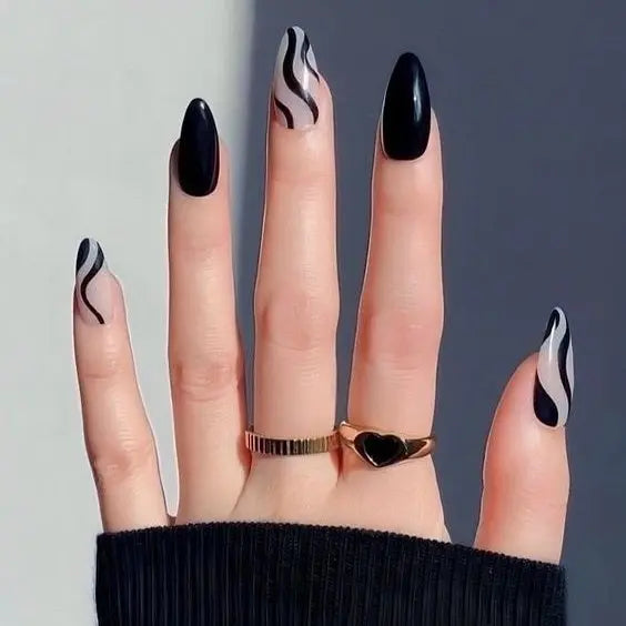 Glossy Black with Sheer Swirl Accents — Winter Black Nails