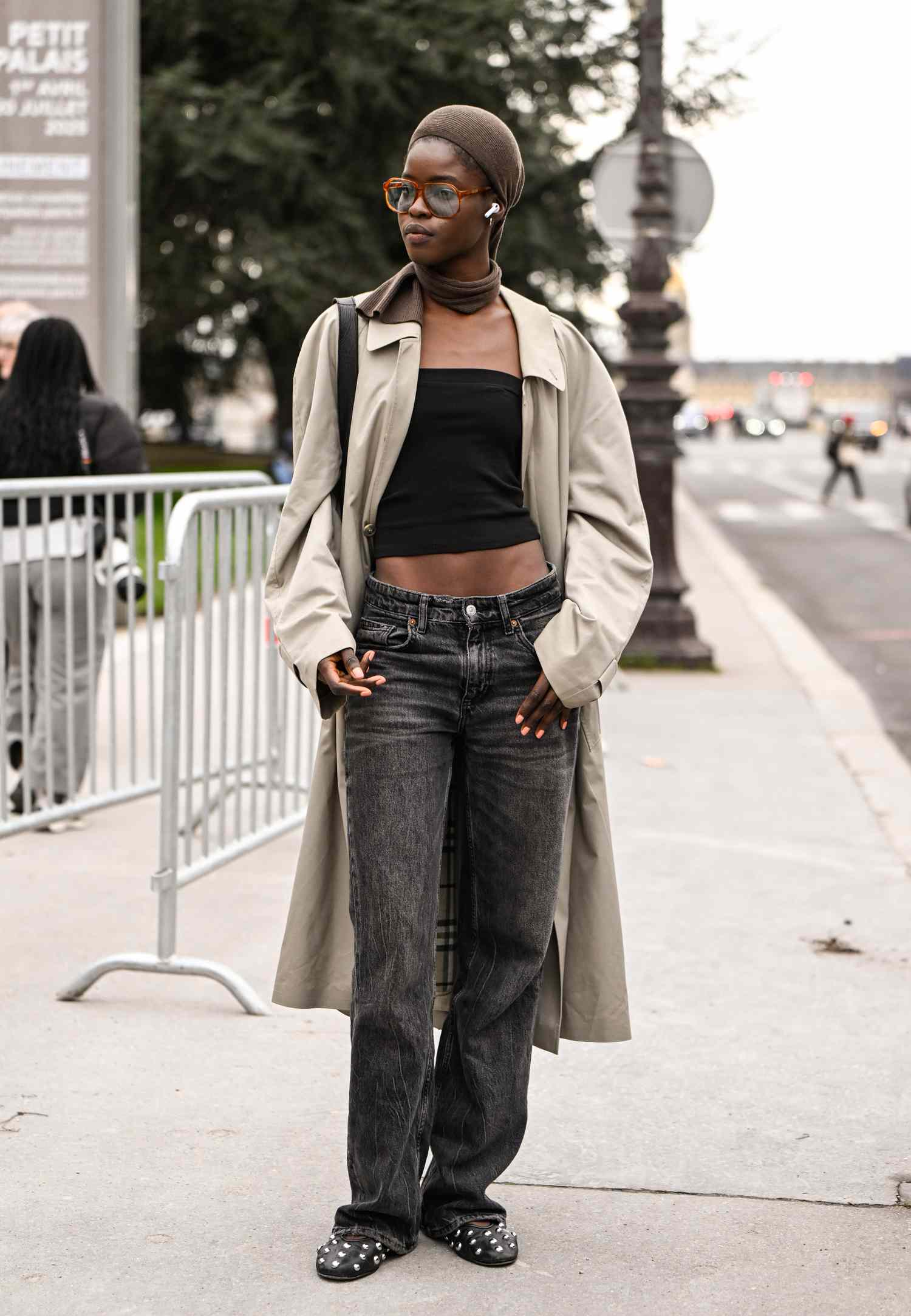 Beige Trench Coat with Bandeau Top and Relaxed Jeans — Long Coat Outfits