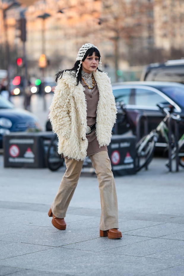 Cozy Layers: Shaggy Faux Fur Coat with Corduroy Flares Cozy Layers: Shaggy Faux Fur Coat with Corduroy Flares — Faux Fur Coat Outfits