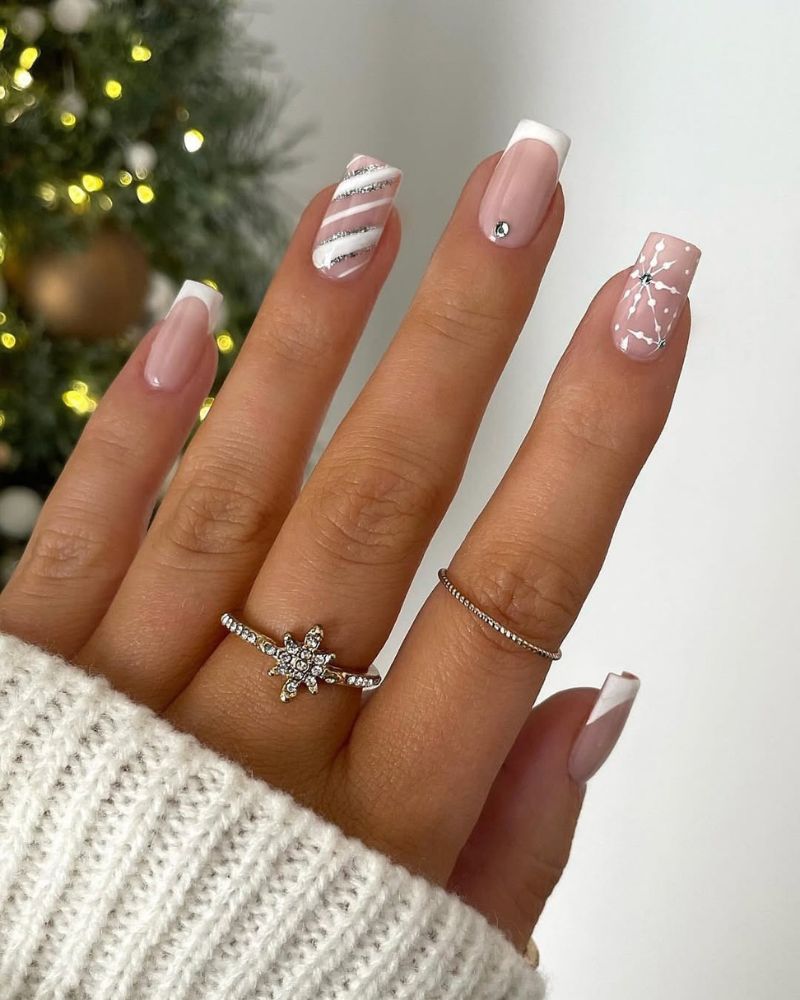Medium Square Pink with Snowflake and Rhinestone — Winter Square Nails