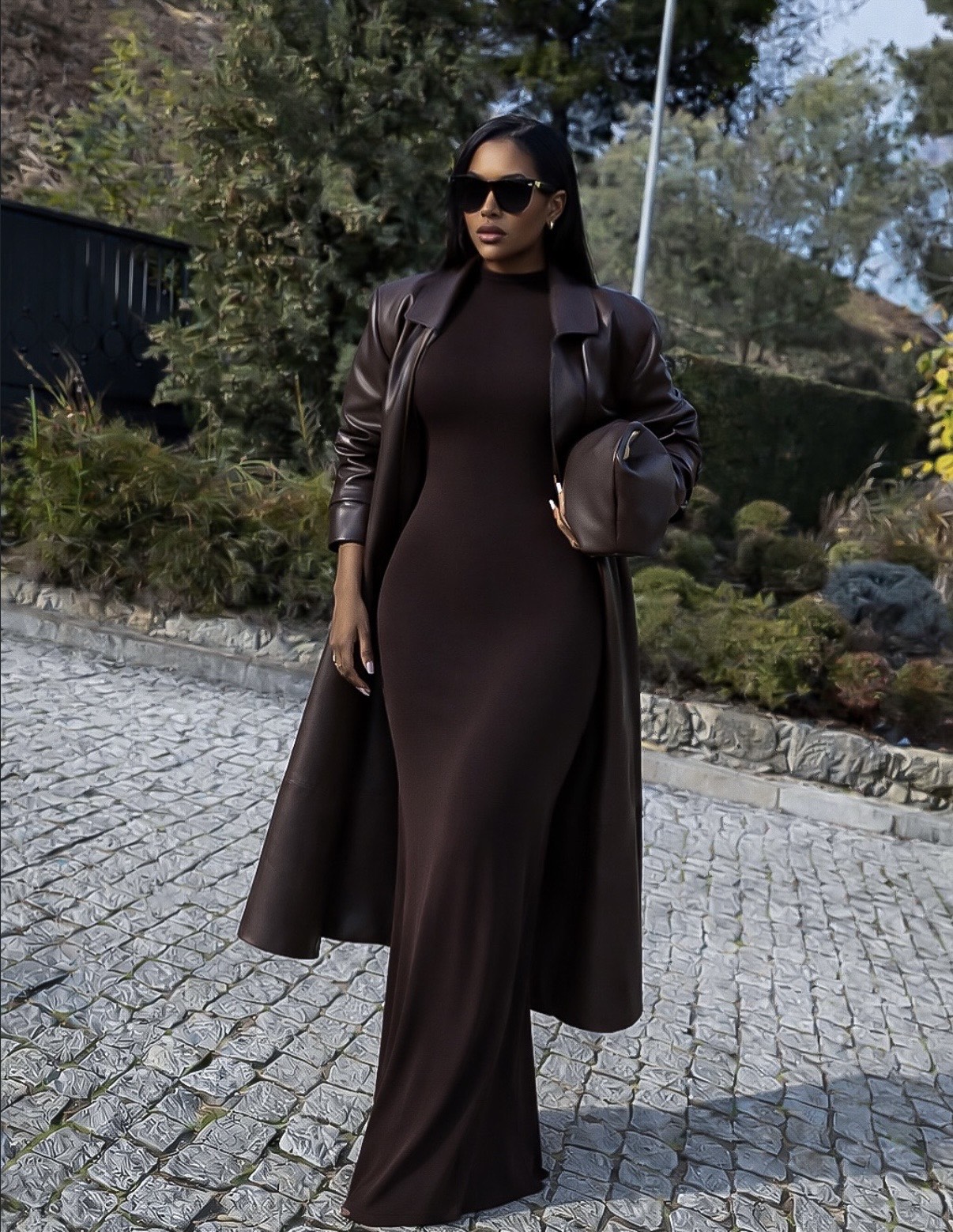 Leather Trench Coat Over a Dark Brown Maxi Dress Leather Trench Coat Over a Dark Brown Maxi Dress — Winter Dinner Outfits