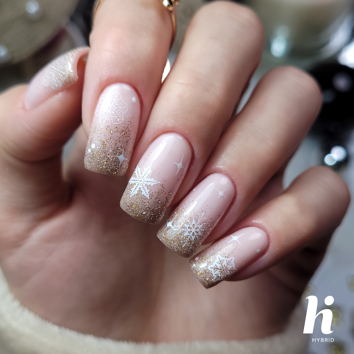 Pale Pink Gold Glitter Snowflake Square Nails — Winter Gel Nails