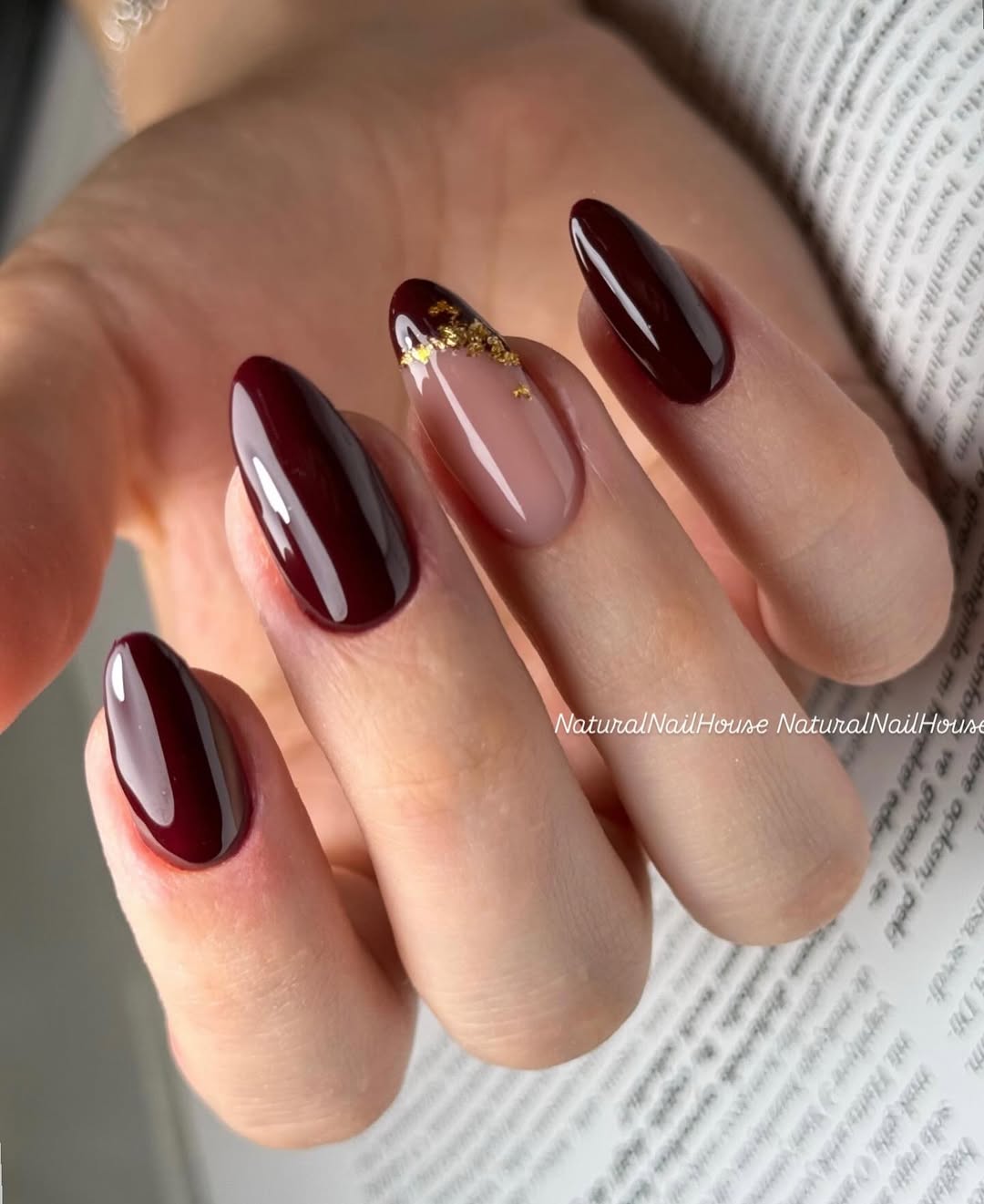 Burgundy with Scattered Gold Foil — Winter Almond Nails