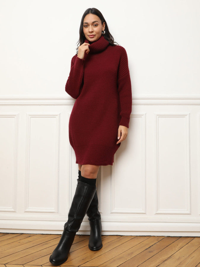 Burgundy Knit Turtleneck Dress with Knee-High Boots Burgundy Knit Turtleneck Dress with Knee-High Boots — Winter Brunch Outfits