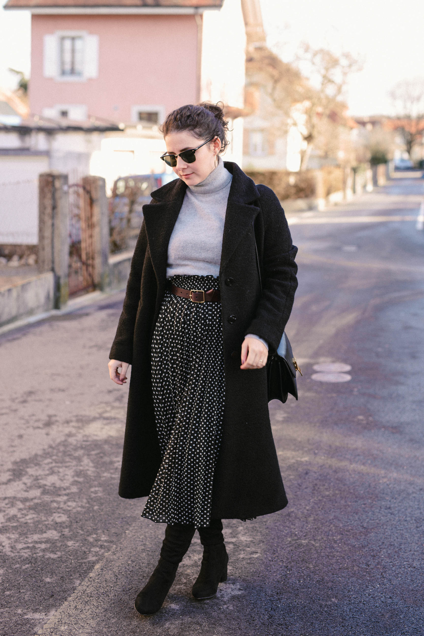 Black Coat Over Grey Turtleneck with Polka Dot Skirt — Black Coat Outfits