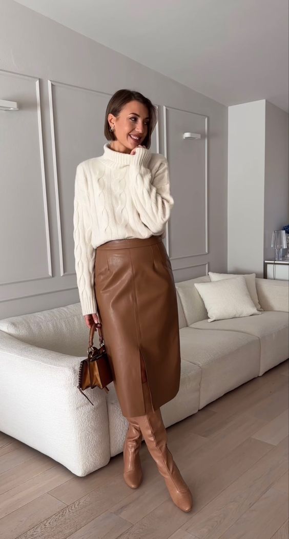 Light Brown Leather Boots with Matching Midi Skirt and Cable-Knit Sweater Light Brown Leather Boots with Matching Midi Skirt and Cable-Knit Sweater — Brown Boots Outfits