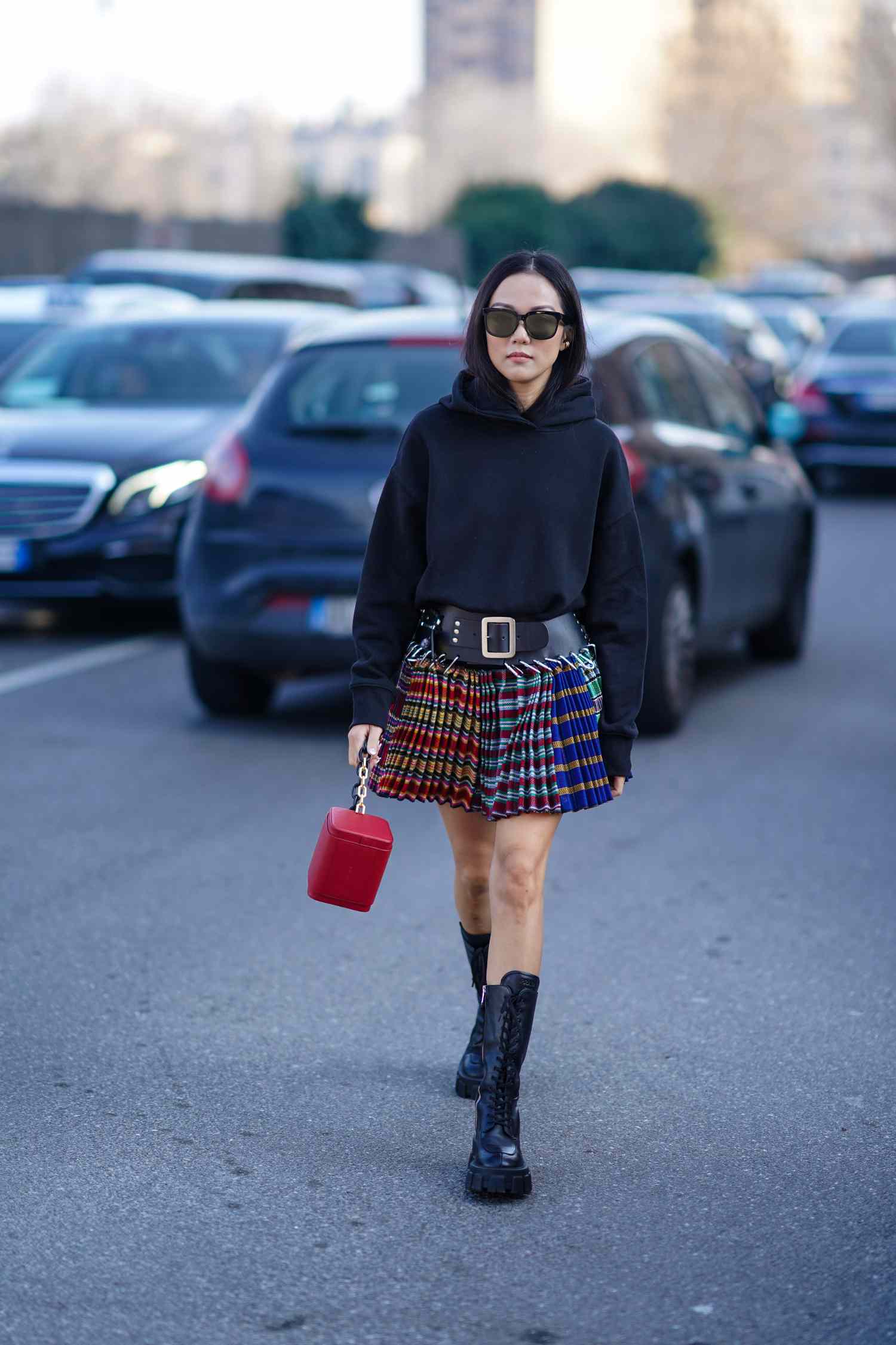 Monochromatic Hoodie with Plaid Mini Skirt Monochromatic Hoodie with Plaid Mini Skirt — Hoodie Outfits
