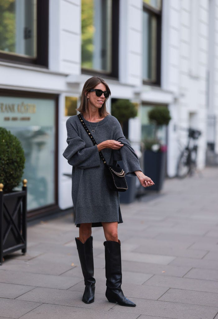 Monochromatic Ease: Grey Knit Dress and Black Knee-High Boots Monochromatic Ease: Grey Knit Dress and Black Knee-High Boots — Over the Knee Boots Outfits