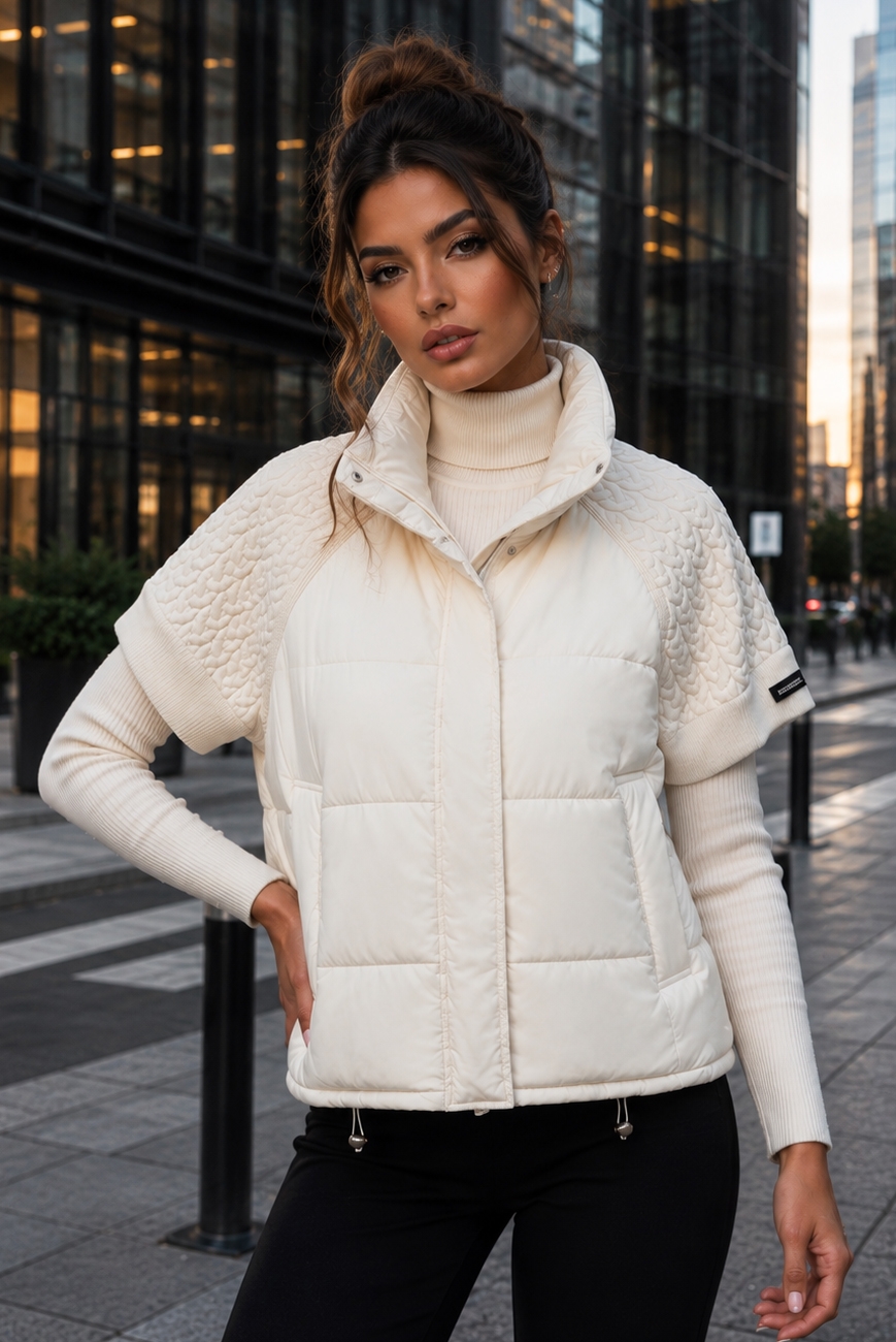 Cream Puffer Vest with Textured Knit Sleeves and Monochromatic Look — Puffer Vest Outfits