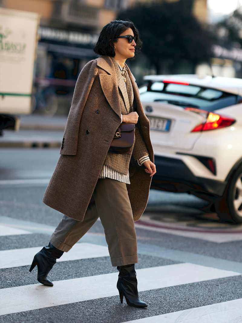 Brown Wool Coat Draped Over Layers and Olive Green Trousers Brown Wool Coat Draped Over Layers and Olive Green Trousers — Winter Outfits for Women Over 70