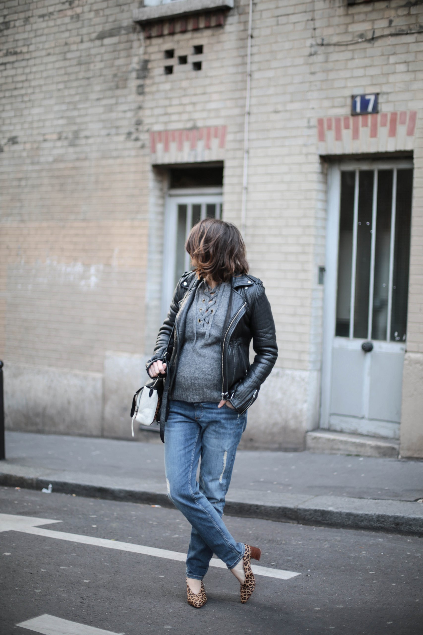 Grey Knit Sweater, Black Biker Jacket and Leopard Print Heels Grey Knit Sweater, Black Biker Jacket and Leopard Print Heels — Winter Maternity Outfits