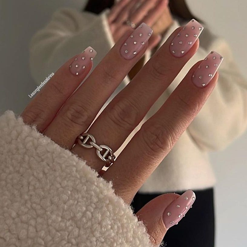 Pink French with Scattered Rhinestones — Simple Winter Nails