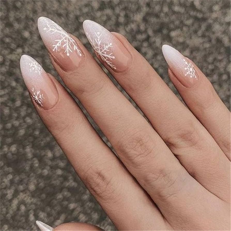 Nude White Ombre Snowflake Medium Stiletto Nude White Ombre Snowflake Medium Stiletto — Winter Acrylic Nail Colors