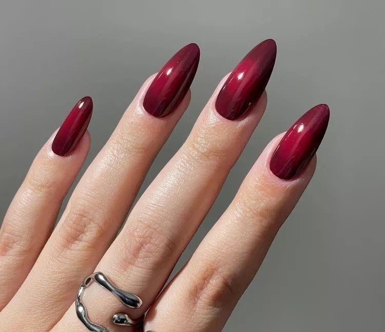 Glossy With A Magnetic Cat-Eye Effect Visual Idea — Winter Red Nails