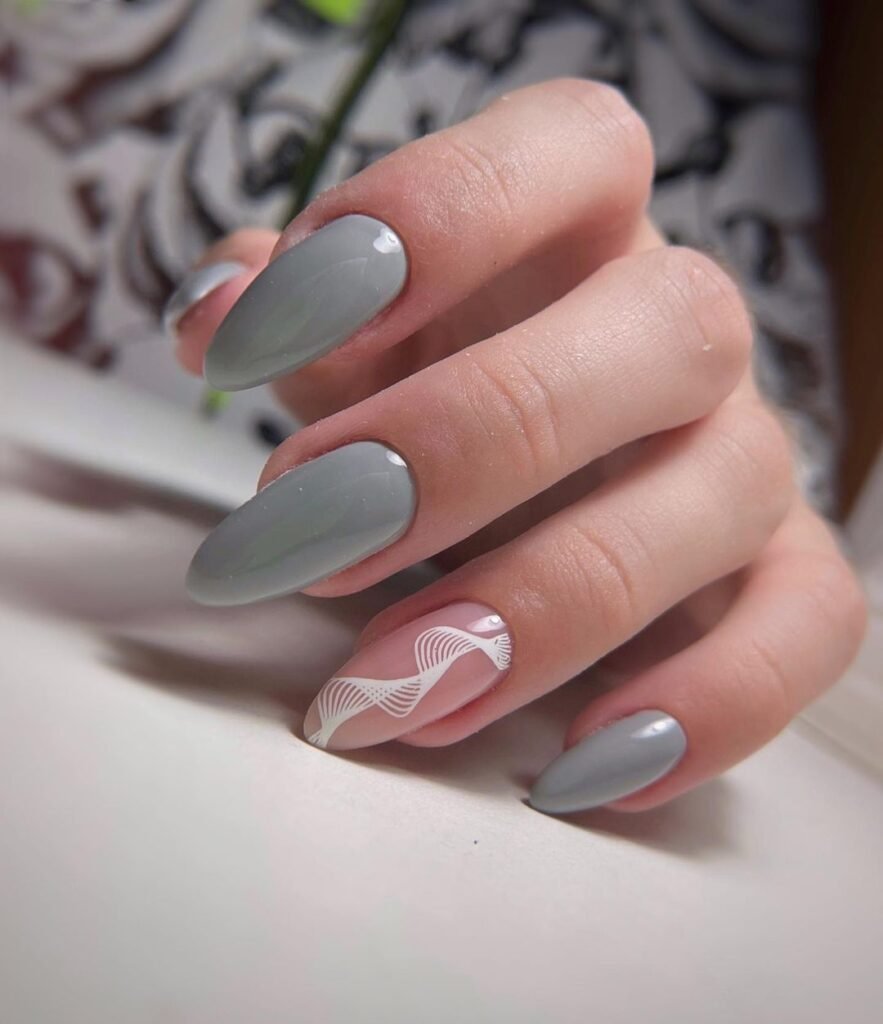 White Abstract Wavy Lines On One Nail Visual Idea — Winter Gray Nails